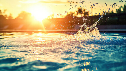A swimmer diving into a pool, creating a dramatic splash as sunlight glimmers on the water’s surface, capturing the energy and excitement of the moment.
