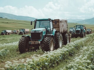 Obraz premium A sprawling agricultural farm with multiple tractors working in fields of crops under a bright sky, showcasing modern farming techniques.