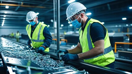 Workers in safety gear handling discarded solar panels on a conveyor belt, with a focus on proper material sorting and recovery