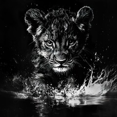 Obraz premium Lion Cub Splash: A Monochrome Masterpiece