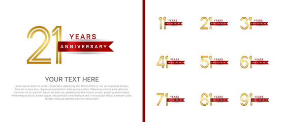 logo anniversary set. gold color with red ribbon on white background for special event