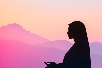 A woman is sitting on a mountain with a pink and purple sky in the background