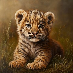 Obraz premium Adorable Leopard Cub in the Grass: Wildlife Photography