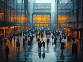 A bustling trade fair with numerous booths and crowds of people, set in an urban environment with warm lighting and modern architecture.
