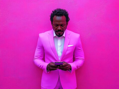 A man in a bright pink suit stands against a vivid pink background, focused on his phone. The image is stylized and vibrant.