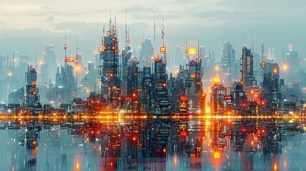 Fototapeta premium flat design, illustration, The Robot City Builder: Robots working together to design a futuristic city