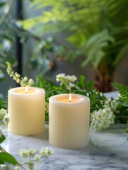 Lit candles on a marble surface with a soft-focus background of green foliage and flowers.