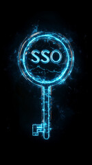 A simple illustration of the SSO security mechanism. A key, "SSO" lettering", a globe and a trust sign in shiled symbol.
