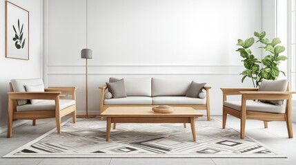 A Scandinavian living room with sleek wooden furniture, clean white walls, and a minimalist geometric rug