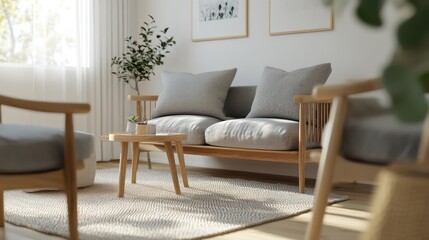A Scandinavian living room with wooden furniture, light gray cushions, and a soft neutral rug