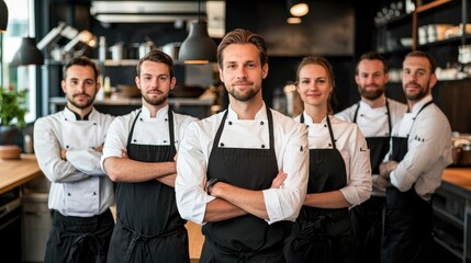 Confident chef team standing in a restaurant kitchen, arms crossed, smiling at the camera.