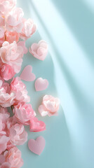 Romantic pink petals and hearts soft background floral arrangement tranquil setting aesthetic view love concept