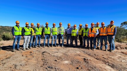 Group of construction workers posing for a photo on a sunny day at a site.