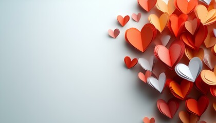 Valenrine's Day background with red paper hearts in the corner of white background. Cut out paper hearts on white background top view. Valentine's Day layout flat lay with paper hearts