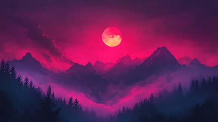 Vibrant Digital Painting: Crimson Moon Rising Over Misty Mountains. AI Generated