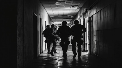A tactical team securing a building during a hostage rescue mission, moving stealthily through a dark hallway, their silhouettes illuminated by the faint light