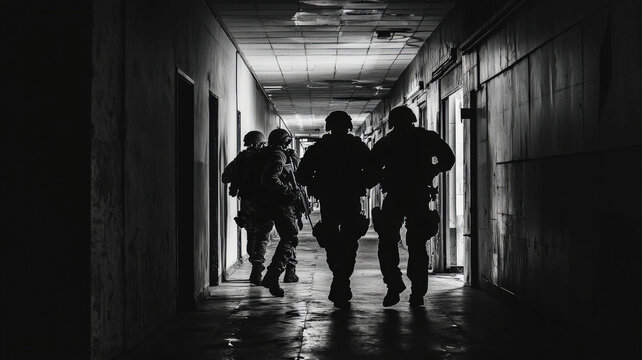 A tactical team securing a building during a hostage rescue mission, moving stealthily through a dark hallway, their silhouettes illuminated by the faint light