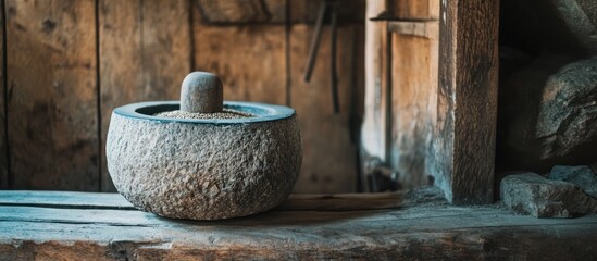Fototapeta premium Antique stone mortar and pestle on wooden surface in rustic workshop.