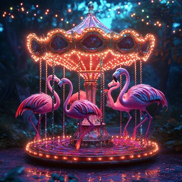 A family of cartoon flamingos enjoying a glowing merry-go-round