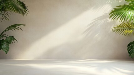Empty brown and beige studio space with leaf shadows, tropical flair for product presentations