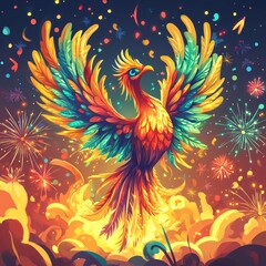 Obraz premium A cartoon phoenix glowing with vibrant flames surrounded by fireworks