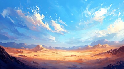 Vibrant Digital Painting: Sunlit Desert Landscape Under a Vast, Dreamy Sky. AI Generated