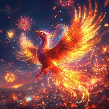 A cartoon phoenix glowing with vibrant flames surrounded by fireworks