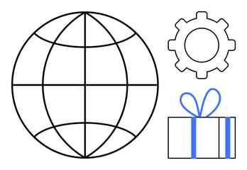 Globe symbol representing global connectivity, gear symbolizing technology and innovation, and gift box representing generosity. Ideal for digital, ecommerce, globalization, tech, holidays, networks