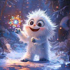 A cheerful cartoon yeti holding a colorful glowing snowflake in a winter wonderland