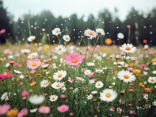 A vibrant flower meadow basking in sunbeams, with colorful blossoms and a dreamy bokeh effect. The scene exudes tranquility and natural beauty.