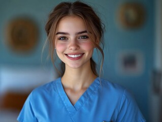 Fototapeta premium A cheerful woman in medical attire smiles warmly at the camera. Her blue scrubs contrast with the soft, blurred background.