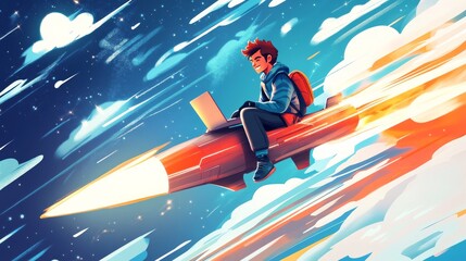 A boy is sitting on a rocket ship with a laptop in his lap
