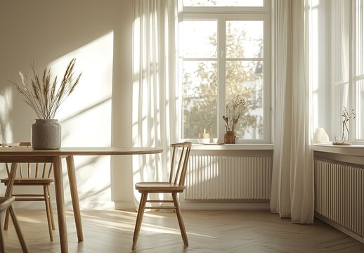 A simple dining room interior with a wooden table and chairs, a mock-up wall background, and a minimalistic style, with empty space for design or decoration elements