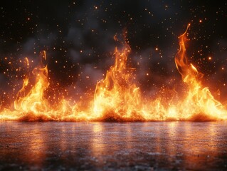 A vibrant and intense scene of burning fire flames, set against a dark backdrop. The bright orange and yellow hues create a contrast with the dark surroundings.