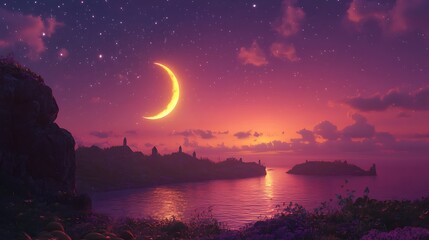 Stunning Digital Painting: Crescent Moon Gently Rises Over Coastal Silhouette at Twilight. AI Generated