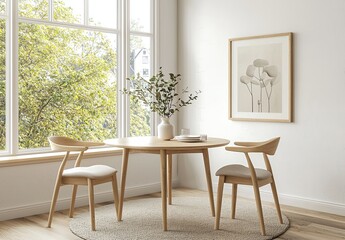 A simple dining room interior with a wooden table and chairs, a mock-up wall background, and a minimalistic style, with empty space for design or decoration elements