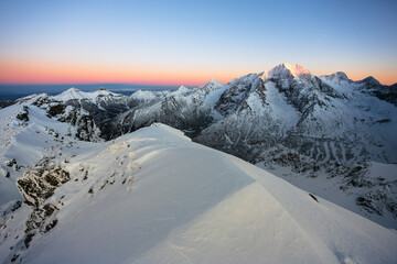 Winter in the high mountains of the Slovak Tatras during sunset