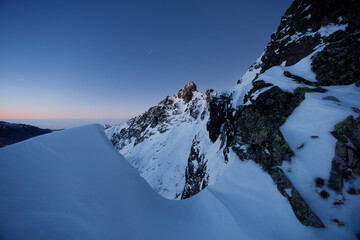 Winter in the high mountains of the Slovak Tatras during sunset