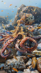 Fototapeta premium Vibrant Coral Reef with Octopus and Marine Life