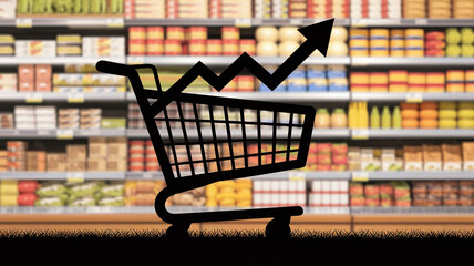 Illustration of a shopping cart silhouette with a rising graph overlay, symbolizing increasing grocery prices, emphasizing inflation trends. 