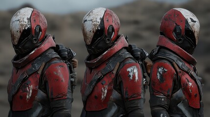 Obraz premium A trio of futuristic armored figures stands in a barren landscape, showcasing weathered red suits and intricate details, This image can be used for sci-fi projects, gaming, or battle-themed artwork,