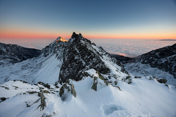 Winter in the high mountains of the Slovak Tatras during sunset