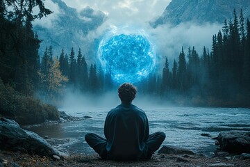 Obraz premium Person Meditates Before a Glowing Celestial Sphere in Mountains