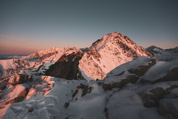 Winter in the high mountains of the Slovak Tatras during sunrise