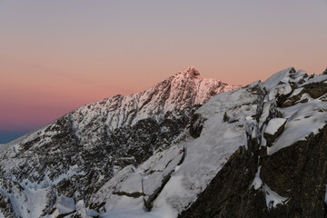 Winter in the high mountains of the Slovak Tatras during sunrise