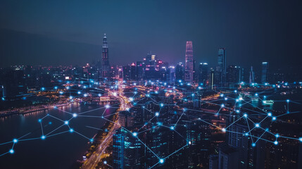 Fototapeta premium Smart digital Innovation city with connection network reciprocity over the cityscape. of future smart wireless city and social media networking systems that connects business people with in city