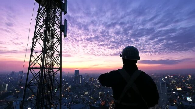 A telecom tower rising high above a bustling city at dusk, with an engineer silhouetted against the fading sky