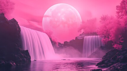 Pink Moonlit Waterfall: Dreamy Digital Painting in Surreal Style. AI Generated