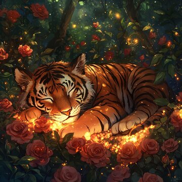 A chibi tiger sleeping on a glowing bed of roses in a magical garden