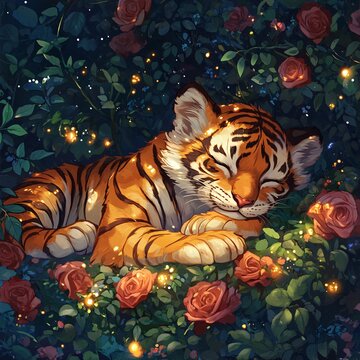 A chibi tiger sleeping on a glowing bed of roses in a magical garden